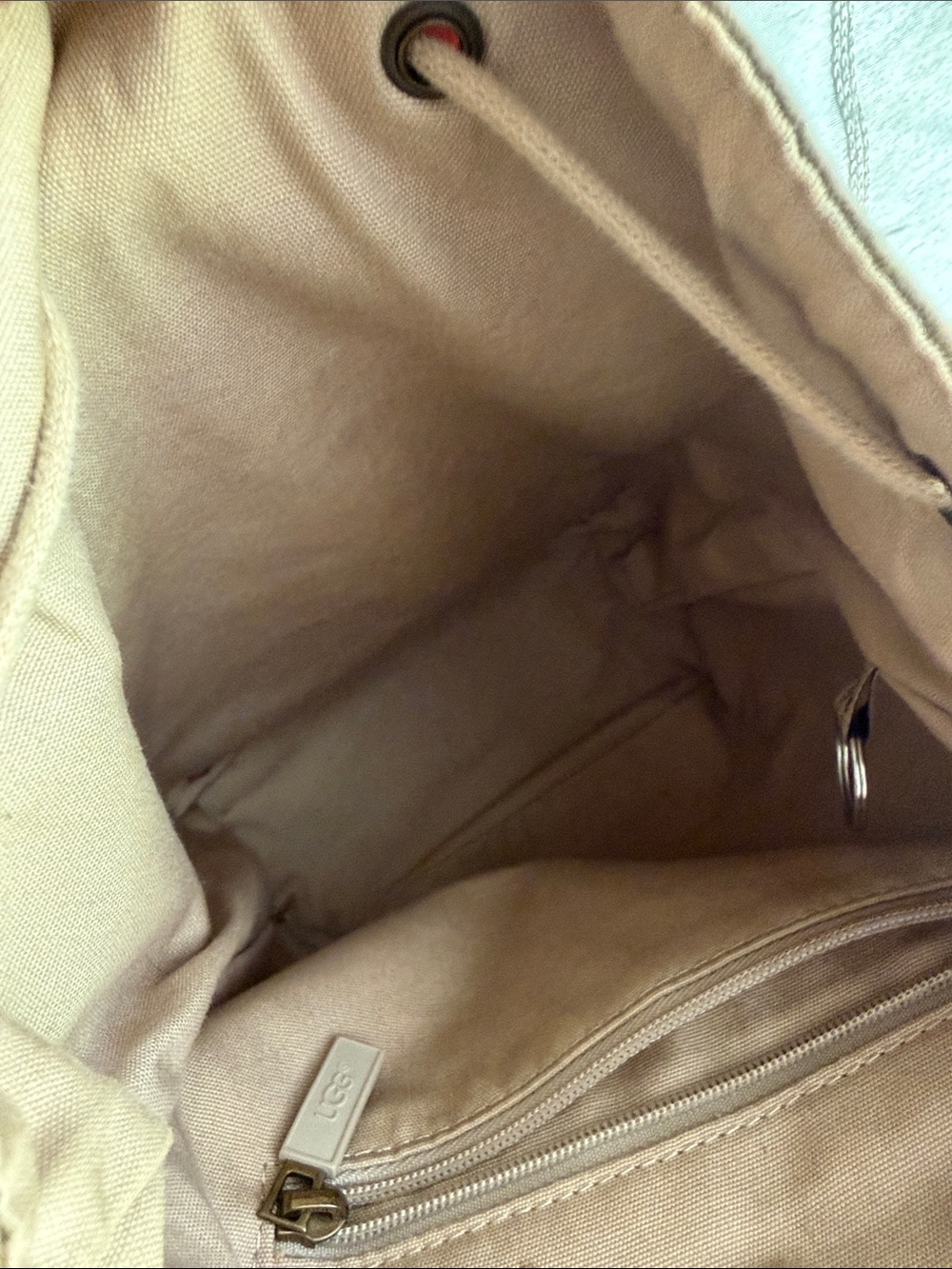 UGG Women's Sheepskin Flap Drawstring Backpack in Beige - Picture 5 of 5